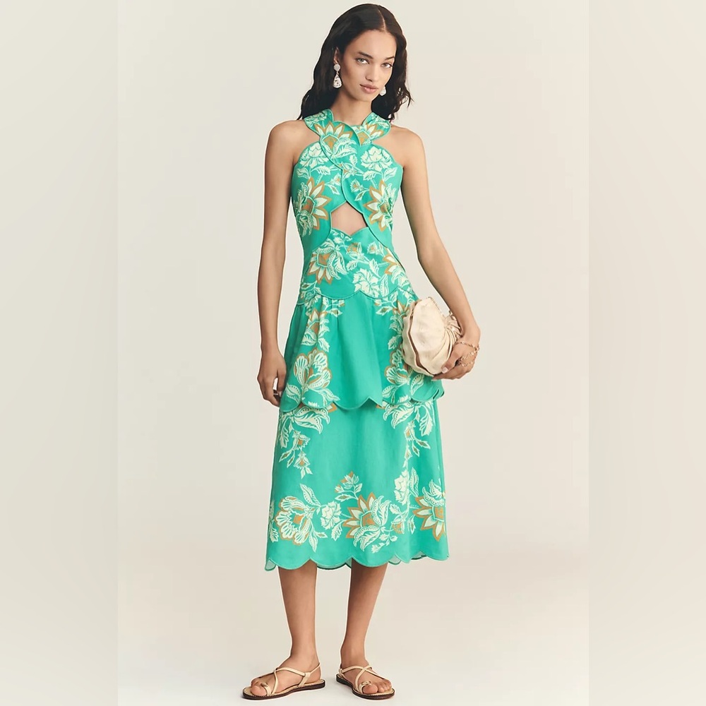 FARM Rio Aqua Floral Cutout Midi Dress